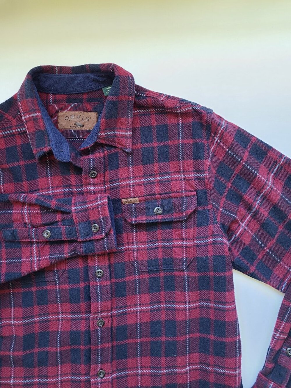 Orvis Men's Shirt M Heavy 100% Cotton Shacket Red Plaid Warm Hand Pockets Work